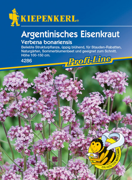 Produktbild von Kiepenkerl Argentinisches Eisenkraut mit blühenden Pflanzen und Verpackungsdesign das Produktnamen, Beschreibung und die Marke anzeigt.