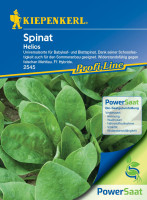 Produktbild von Kiepenkerl Spinat Helios PowerSaat Verpackung mit Informationen zu Eigenschaften und Vorteilen der Saat sowie Darstellung von Spinatblättern.