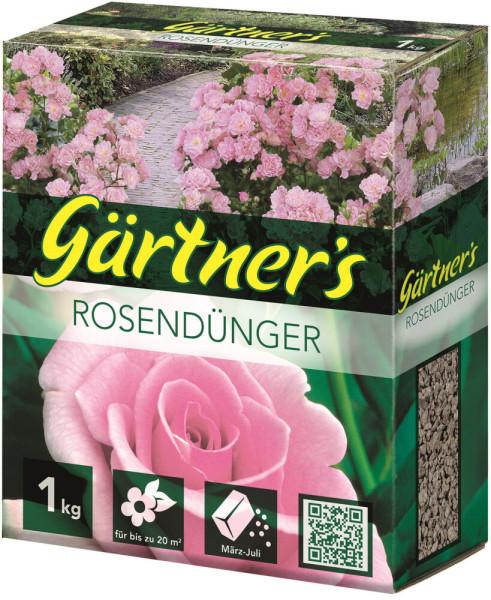 Produktbild von Gärtners Rosendünger in einer 1kg Packung mit Bildern von Rosen und Anwendungshinweisen für die Rosendüngung