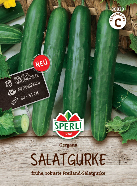 Produktbild von Sperli Salatgurke Gergana Saatgutverpackung mit Abbildung von Gurken und Informationen zur Sorte als frühe robuste Freiland-Salatgurke.