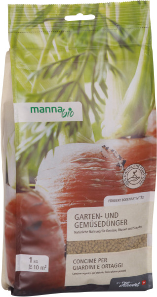 Produktbild des MANNA Bio Garten- und Gemüsedünger in 1kg Packung mit Angaben zu Inhaltstoffen und Anwendungsfläche.