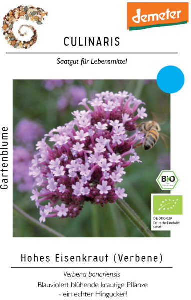 Produktbild von Culinaris BIO Verbene mit dem Demeter-Label blauviolett blühende Pflanze und Biene Saatgut für Lebensmittel Informationen auf Deutsch