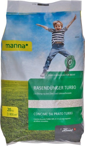 Produktbild von MANNA Rasendünger Turbo in einer 20-Kilogramm-Packung für Rasendüngung mit Abbildung eines fröhlichen Kindes auf einer Rasenfläche und Angaben zur Anwendung für 800 Quadratmeter Fläche.