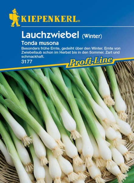 Produktbild von Kiepenkerl Winterlauchzwiebel Tonda Musona Verpackung mit Bildern der Lauchzwiebeln und Informationen zur fruehen Ernte in deutscher Sprache.