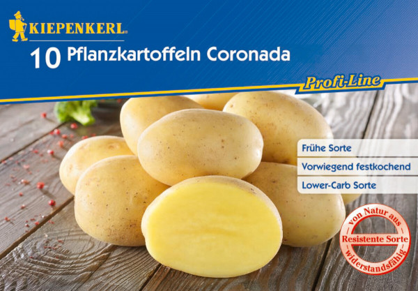 Produktbild von Kiepenkerl Pflanzkartoffel Coronada mit Hinweisen zur Sorte als frühe festkochende und kohlenhydratarme Sorte.