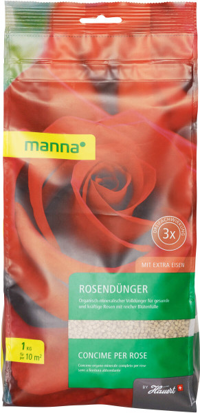 Produktbild von MANNA Rosendünger in 1kg Verpackung mit Abbildung einer Rose und Informationen zum Dünger in deutscher und italienischer Sprache.