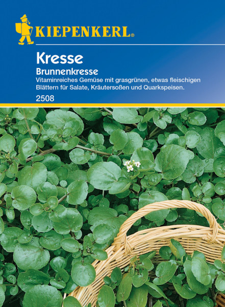 Produktbild von Kiepenkerl Brunnenkresse mit Darstellung von grünen Pflanzen und einem Korb auf der Verpackung sowie Informationen über die vitaminreichen Blätter für Salate und Kräutergerichte in deutscher Sprache.