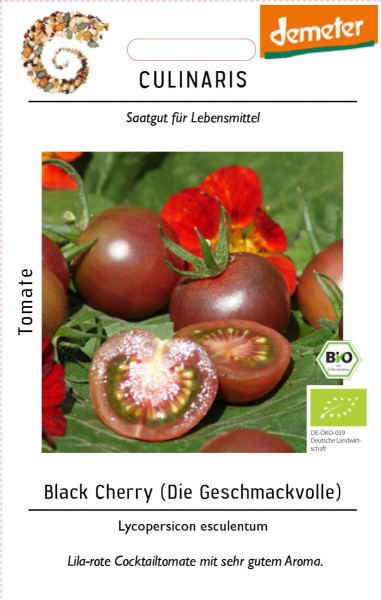 Produktbild von Culinaris BIO Cocktailtomate Black Cherry mit Abbildungen von lila-roten Tomaten und Blumen sowie Logos von Demeter und Bio auf der Verpackung.