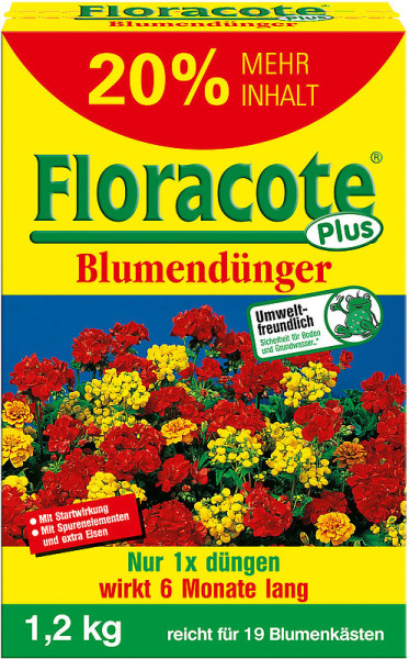 Produktbild von COMPO Floracote Plus Blumenduenger 1, 2, kg mit der Angabe 20 Prozent mehr Inhalt und Informationen zur sechsmonatigen Wirkung sowie Umweltverträglichkeit auf gelbem Hintergrund mit Abbildungen von rot-gelben Bluemen.