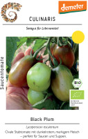 Produktbild von Culinaris BIO Saucentomate Black Plum mit reifen grün-roten Tomaten an der Pflanze, Demeter-Logo, Bio-Siegel und Produktbeschreibung in... Produktbild von Culinaris BIO Saucentomate Black Plum mit reifen grün-roten Tomaten an der Pflanze, Demeter-Logo, Bio-Siegel und Produktbeschreibung in deutscher Sprache.