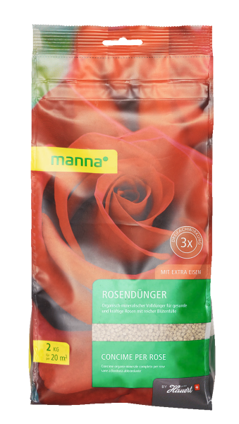 Produktbild von MANNA Rosendünger 2kg Verpackung mit einer roten Rose und Produktinformationen in deutscher und italienischer Sprache sowie Angaben zum Inhalt für 20 Quadratmeter.