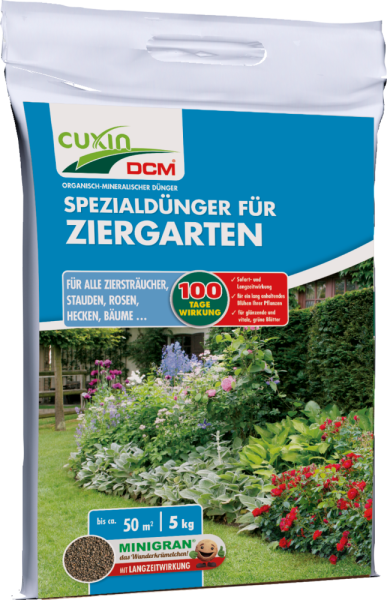 Produktbild von Cuxin DCM Spezialdünger für Ziergärten Minigran in einer 5kg Verpackung mit Informationen zur Langzeitwirkung und Anwendungsempfehlung für verschiedene Pflanzen sowie einer abgebildeten Gartenlandschaft.