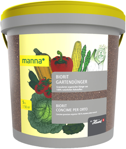 Produktbild von MANNA Biorit 5kg Gartendünger Verpackung mit Darstellung verschiedener Gemüse und Hinweis auf 100% natürliche Rohstoffe.