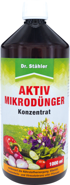 Produktbild von Dr. Staehler Aktiv Mikroduenger Konzentrat in einer 1000ml Flasche mit Produktinformationen über verbesserte Naehrstoffversorgung und Vitalitaet von Pflanzen in deutscher Sprache.
