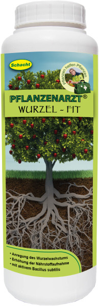Produktbild von Schacht PFLANZENARZT Wurzel-Fit 900g mit Darstellung eines Obstbaums und Wurzeln sowie Informationen zu Wurzelwachstum und Nährstoffaufnahme.