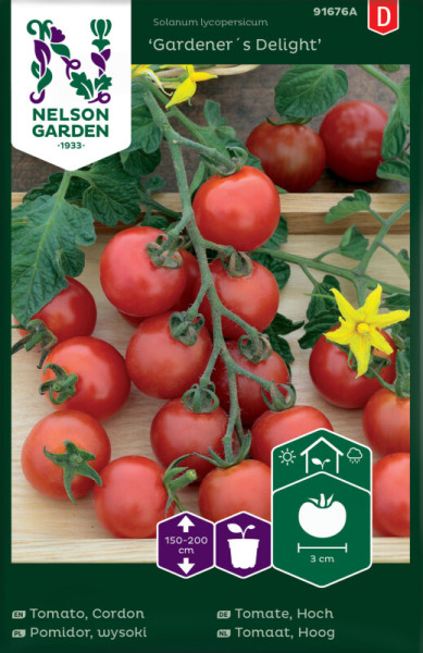 Produktbild von Nelson Garden Kirschtomate Gardeners Delight Verpackung mit reifen Tomaten an der Pflanze und Produktinformationen in mehreren Sprachen.