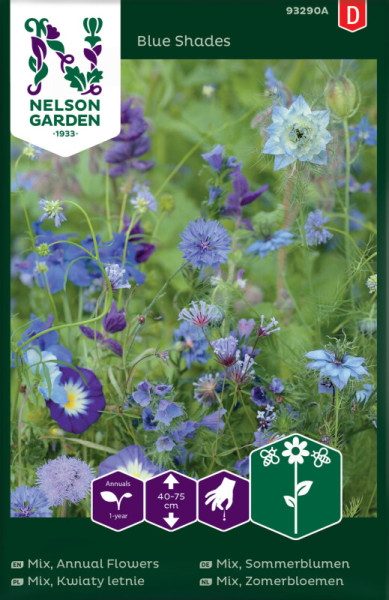 Produktbild von Nelson Garden Sommerblumen Mix Blue Shades mit blühenden blauen Blumen und Verpackungsinformationen.