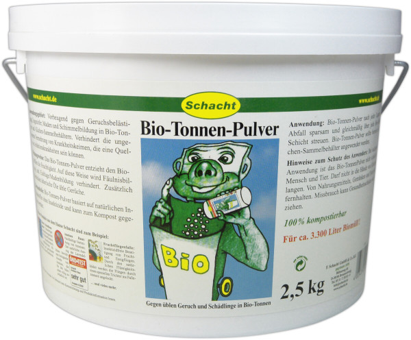 Produktbild von Schacht Bio-Tonnen Pulver 2, 5, kg in einem weißen Eimer mit grünen Label, Abbildung eines grünen Schweins, Produktinformationen und Anwendungshinweise in deutscher Sprache.