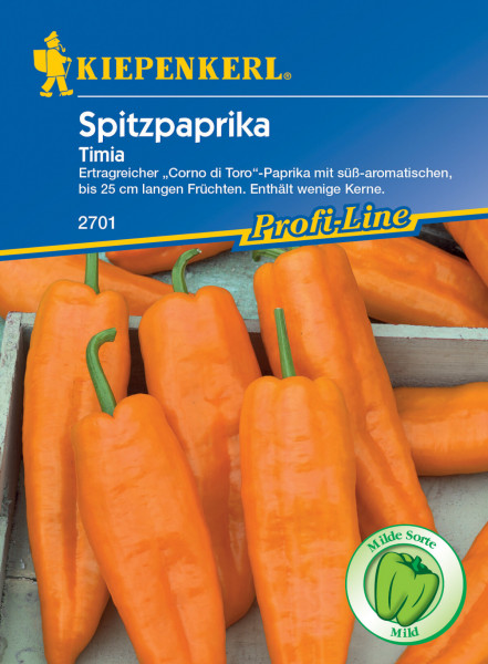 Produktbild von Kiepenkerl Spitzpaprika Timia Saatgut mit Darstellung ertragreicher Corno di Toro-Paprika und Informationen zu Eigenschaften und ProfiLine Serie auf einem blauen Hintergrund.
