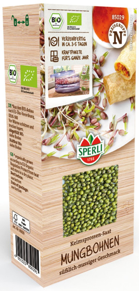 Produktbild von Sperli BIO Keimsprossen-Saat Mungbohnen mit Verpackungsdesign das keimende Sprossen, Trockenbohnen und Informationen zu Bio-Anbau und einer verbrauchsfertigen Zeit von 3-5 Tagen zeigt.