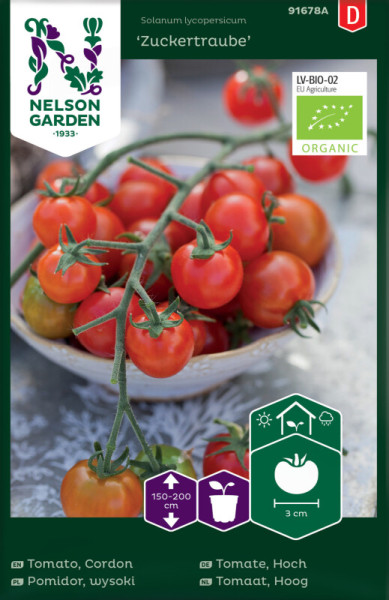 Produktbild von Nelson Garden BIO Kirschtomate Zuckertraube mit reifen Tomaten an der Pflanze, Verpackungsdesign und biologischen Kennzeichnungen in deutscher Sprache.
