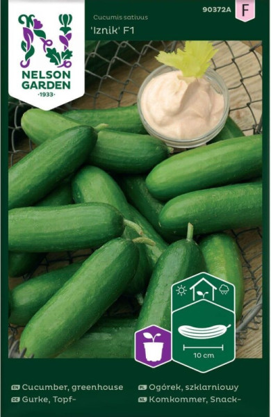 Produktbild von Nelson Garden Topfgurke Iznik F1 mit Gurken auf einem Netz und Hinweisen zur Pflanzenpflege.