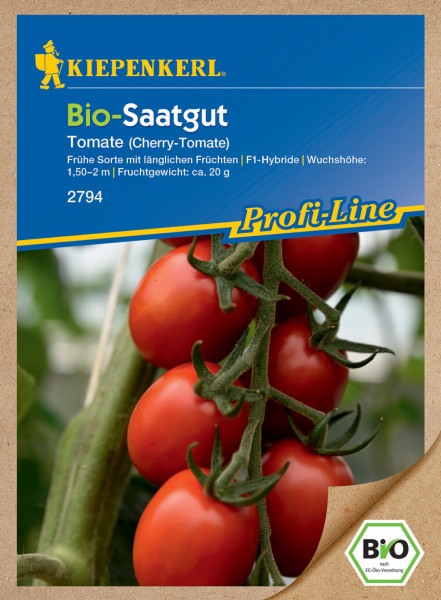 Produktbild von Kiepenkerl BIO Cherry-Tomate F1 Samenpackung mit Abbildung reifer Tomaten und Informationen zu Sorte Wuchshöhe und Fruchtgewicht auf Deutsch