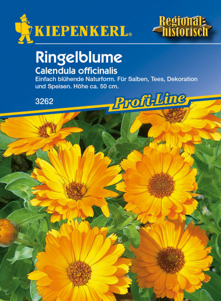 Produktbild von Kiepenkerl Ringelblume Calendula officinalis Saatgutverpackung mit Abbildungen von orangen Blüten und Informationen zur Pflanze in deutscher Sprache.