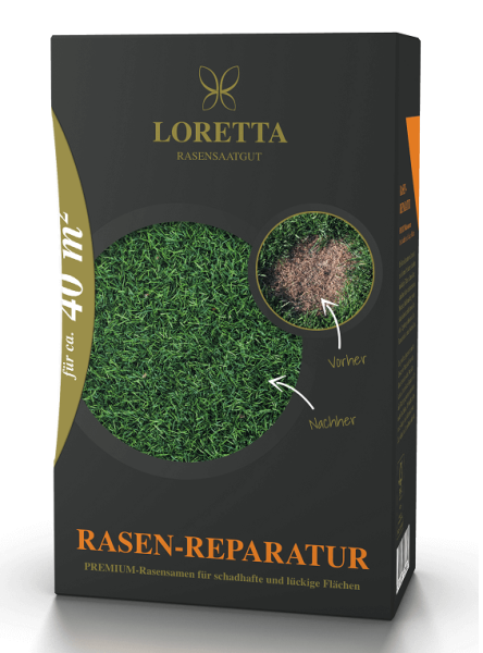Produktbild von Loretta Rasen-Reparatur 600g Packung mit Darstellung des Rasens vor und nach der Anwendung sowie Informationen zu Anwendungsgebiet und Reichweite auf Deutsch.