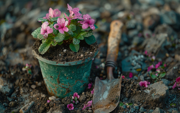 2400-a-small-pink-flower-in-a-green-pot-sits-on-a-rocky-surface