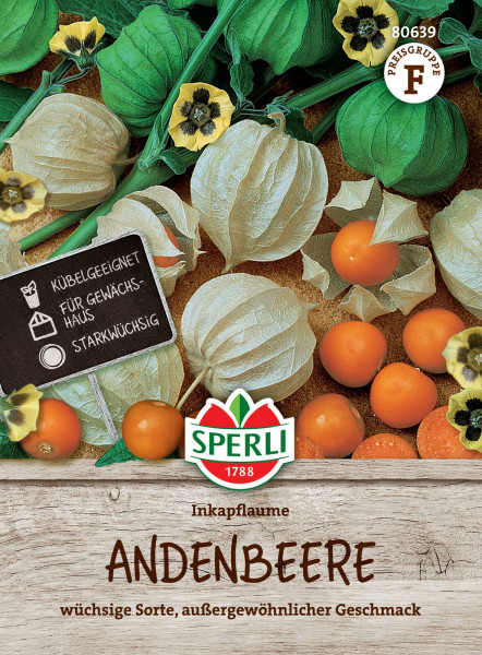 Produktbild von Sperli Andenbeere Inkapflaume Saatgutverpackung mit Abbildungen von reifen Früchten und Pflanzen sowie Informationen zur Sorte und Anbauempfehlungen auf deutsch