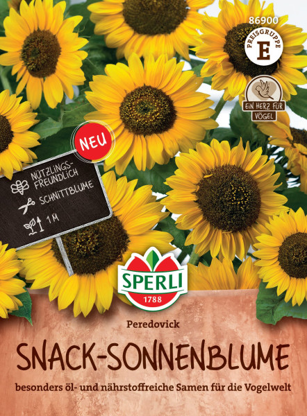 Produktbild von Sperli Snack-Sonnenblume Peredovick mit blühenden Sonnenblumen und Informationen zu Nützlingsfreundlichkeit sowie Hinweis auf Eignung als Schnittblume und Vogelfutter auf Deutsch.