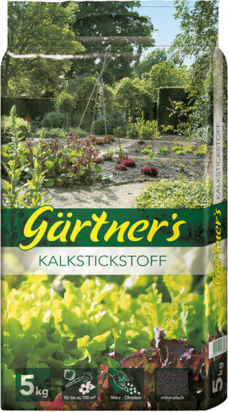 Produktbild von Gaertners Kalkstickstoff in einer 5kg Verpackung mit Gartenmotiv und Hinweisen zum Produkt.