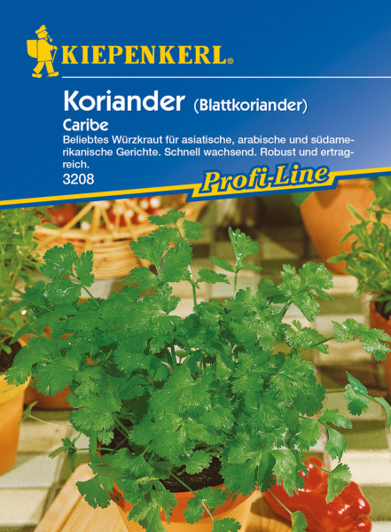 Produktbild von Kiepenkerl Koriander Caribe mit Darstellung der Pflanze und Verpackung mit Produktbeschreibung für schnell wachsenden Blattkoriander geeignet für asiatische arabische und südamerikanische Gerichte.
