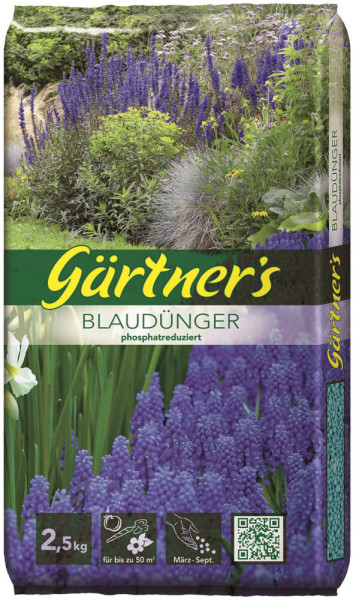 Produktbild von Gärtners Blaudünger 12+6+15+2 phosphatreduziert in einer 2,5kg Verpackung mit Blumenbildern und Informationen zur Anwendung auf Deutsch.