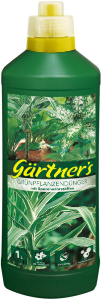 Produktbild von Gärtners Grünpflanzendünger mit Spurenelementen in einer 1 Liter Flasche mit Dosieraufsatz, grünem Etikett und Abbildungen von Zimmerpflanzen.