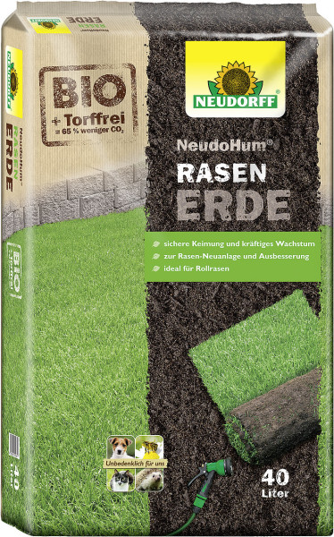 Produktbild von Neudorff NeudoHum RasenErde 40l Verpackung mit Hinweisen zur sicheren Keimung kräftigem Wachstum und Torffreiheit sowie der Eignung für Rollrasen