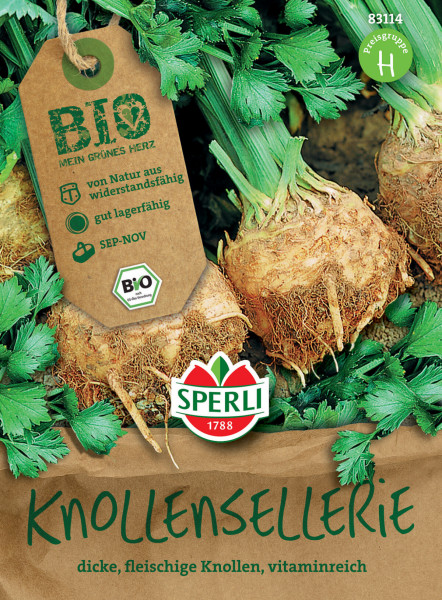 Produktbild von Sperli BIO Knollensellerie mit Darstellung der Sellerieknollen und Markenlogo sowie Anbauinformationen in deutscher Sprache.