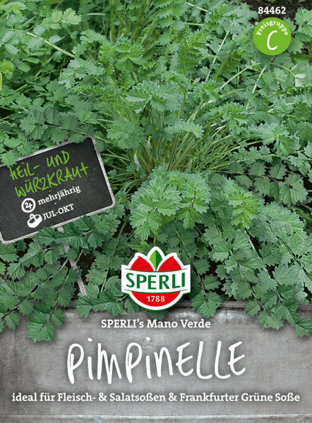 Produktbild von SPERLIs Mano Verde Pimpinelle mit Pflanzenabbildung als Heil- und Würzkraut, mehrjährig, Empfehlungen für Fleisch- und Salatsoßen sowie Frankfurter Grüne Soße, Preisgruppe C und Produktinformationen.