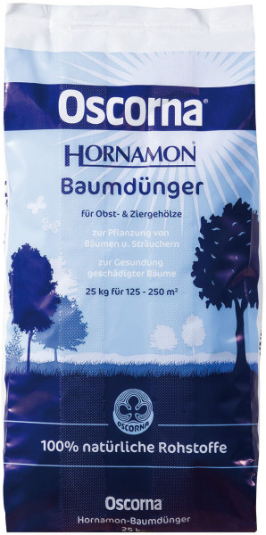Produktbild von Oscorna-Hornamon-Baumdünger 25kg mit Hinweisen zur Anwendung für Obst und Ziergehölze sowie Informationen zu 100 Prozent natürlichen Rohstoffen.