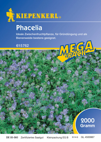 Produktbild von Kiepenkerl Phacelia 2 kg Verpackung mit Bild der blühenden Pflanze und Informationen zur Eignung als Zwischenfruchtpflanze und Bienenweide in deutscher Sprache.