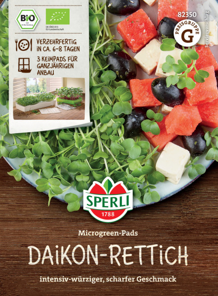 Produktbild von Sperli BIO Microgreen-Pads Daikon-Rettich mit Darstellung der Keimpads, Verpackungsinformationen auf Deutsch und serviertem Salat zur Anschauung des Endprodukts.