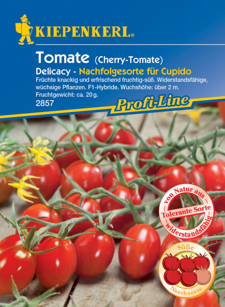 Produktbild von Kiepenkerl Cherry-Tomate Delicacy F1 Samenpackung mit Beschreibung und roten Tomaten im Hintergrund