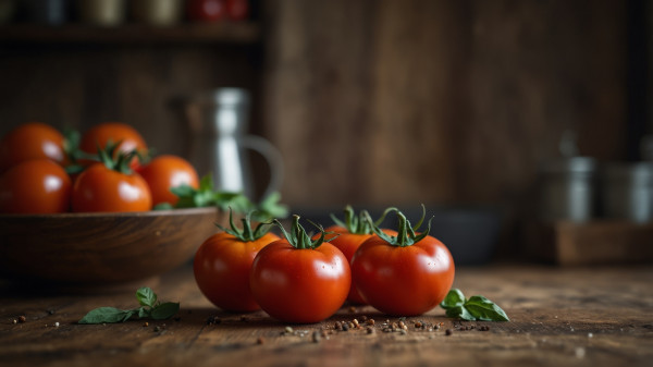 large-fresh-tomatoes-with-herbs-and-spices-on-a-rustic-kitchen-table