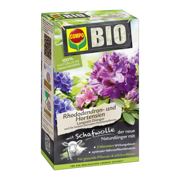 Produktbild von COMPO BIO Rhododendron und Hortensien Langzeit-Dünger mit Schafwolle 750g Verpackung mit Produktbeschreibung und Abbildungen von blühenden Pflanzen.