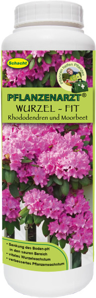 Produktbild von Schacht PFLANZENARZT Wurzel - Fit Rhododendren und Moorbeet 800g mit Abbildung blühender Rhododendren und Produktvorteilen auf Deutsch.