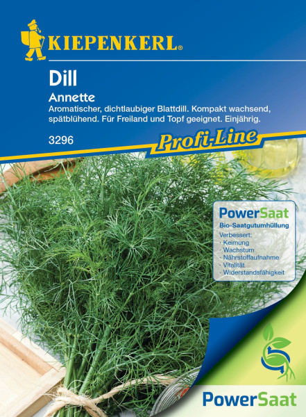 Produktbild von Kiepenkerl Dill Annette PowerSaat Verpackung mit dargestellten Dillpflanzen und Informationen zu Wachstumseigenschaften sowie der PowerSaat Technologie in deutscher Sprache.