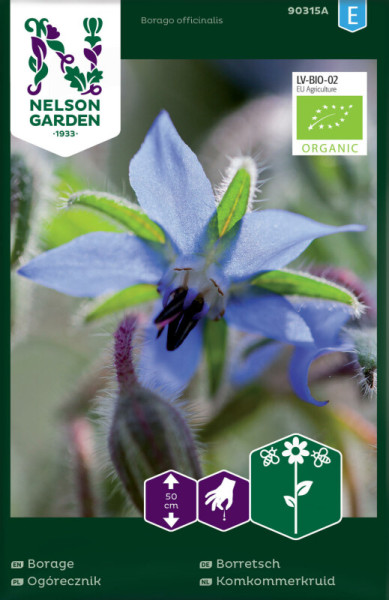 Produktbild von Nelson Garden BIO Borretsch mit einer Nahaufnahme der blauen Blüte, Informationen zur Pflanze in mehreren Sprachen und Symbolen für die Pflanzenpflege.