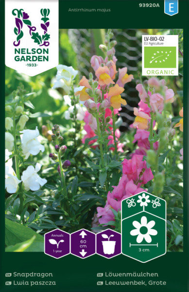 Produktbild von Nelson Garden BIO Löwenmäulchen mit bunten Blüten und Verpackungsinformationen wie Bio-Siegel und Pflanzhinweisen in deutscher Sprache.