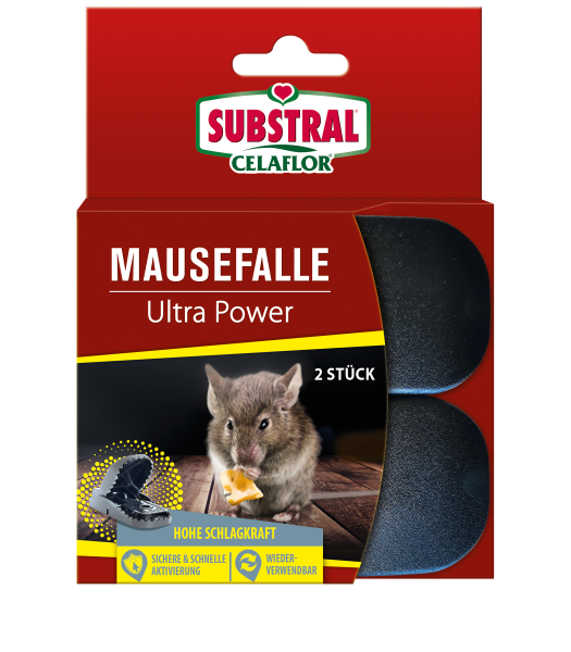 Produktbild von Substral Mausefalle Ultra Power in einer Verpackung mit zwei Stücken, Merkmalen wie hohe Schlagkraft, sichere und schnelle Aktivierung und Wiederverwendbarkeit, dargestellt mit einer Maus und einem Käsestück.